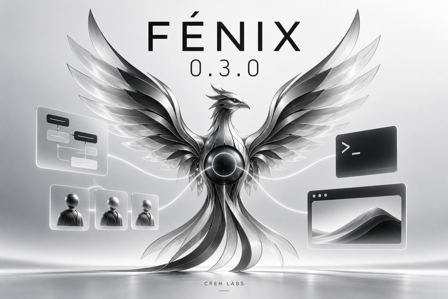 Ilustración conceptual de Fénix 0.3.0: un fénix metálico conecta planificación, subagentes, terminal y navegador.
